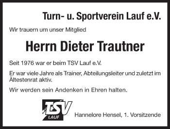 Traueranzeige von Dieter Trautner von Pegnitz-Zeitung