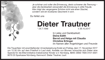 Traueranzeige von Dieter Trautner von Pegnitz-Zeitung