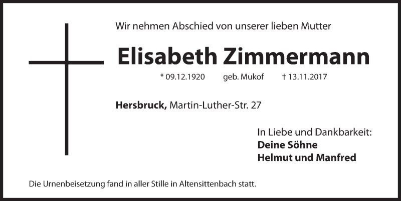  Traueranzeige für Elisabeth Zimmermann vom 29.11.2017 aus Hersbrucker Zeitung