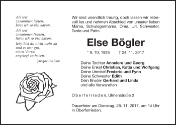 Traueranzeige von Else Bögler von Der Bote