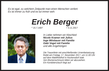 Traueranzeige von Erich Berger von Pegnitz-Zeitung