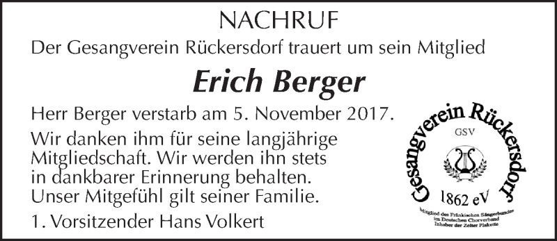  Traueranzeige für Erich Berger vom 22.11.2017 aus Pegnitz-Zeitung