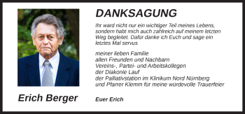 Traueranzeige von Erich Berger von Pegnitz-Zeitung
