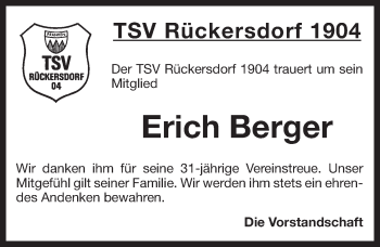 Traueranzeige von Erich Berger von Pegnitz-Zeitung