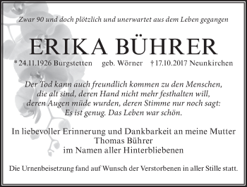 Traueranzeige von Erika Bührer von Pegnitz-Zeitung