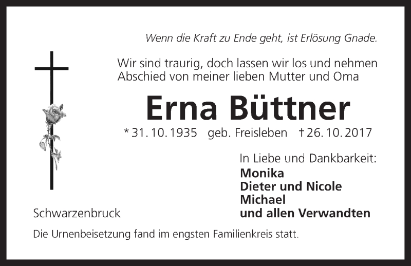  Traueranzeige für Erna Büttner vom 04.11.2017 aus Der Bote
