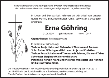 Traueranzeige von Erna Göhring von Hersbrucker Zeitung