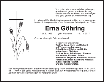 Traueranzeige von Erna Göhring von Der Bote