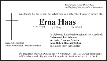 Traueranzeige von Erna Haas von Pegnitz-Zeitung