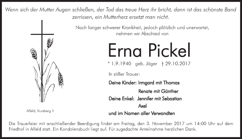  Traueranzeige für Erna Pickel vom 02.11.2017 aus Hersbrucker Zeitung