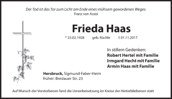 Traueranzeige von Frieda Haas von Hersbrucker Zeitung