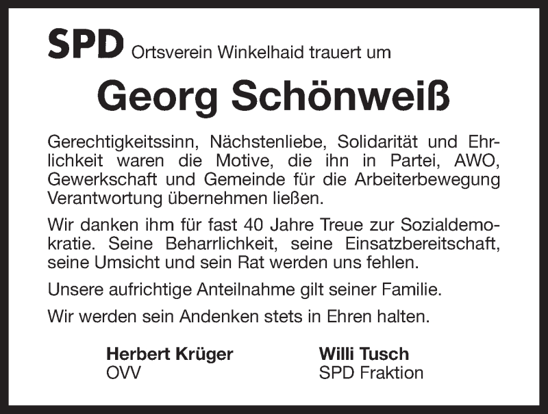  Traueranzeige für Georg Schönweiß vom 14.11.2017 aus Der Bote