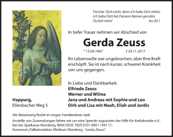 Traueranzeige von Gerda Zeuss von Hersbrucker Zeitung