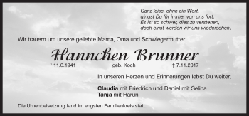 Traueranzeige von Hannchen Brunner von Pegnitz-Zeitung