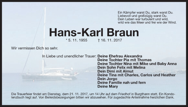  Traueranzeige für Hans-Karl Braun vom 18.11.2017 aus Der Bote