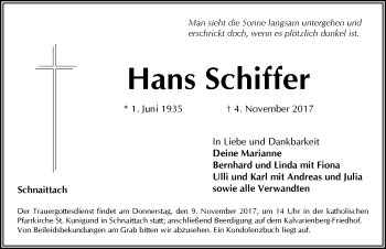 Traueranzeige von Hans Schiffer von Pegnitz-Zeitung
