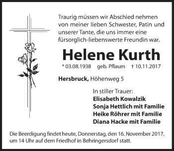 Traueranzeige von Helene Kurth von Hersbrucker Zeitung
