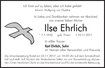 Traueranzeige von Ilse Ehrlich von Pegnitz-Zeitung