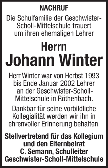 Traueranzeige von Johann Winter von Pegnitz-Zeitung