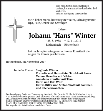 Traueranzeige von Johann Hans Winter von Pegnitz-Zeitung