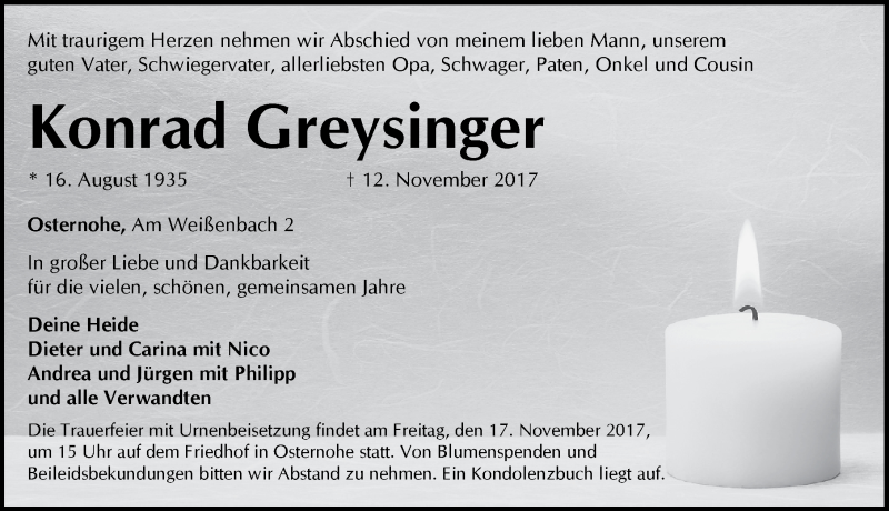  Traueranzeige für Konrad Greysinger vom 15.11.2017 aus Pegnitz-Zeitung