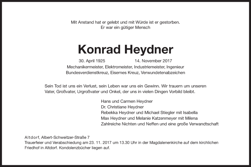  Traueranzeige für Konrad Heydner vom 18.11.2017 aus Der Bote