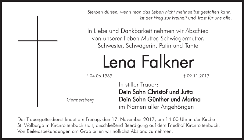  Traueranzeige für Lena Falkner vom 15.11.2017 aus Pegnitz-Zeitung