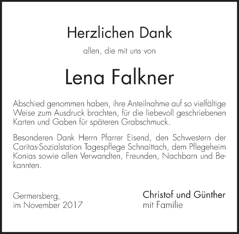  Traueranzeige für Lena Falkner vom 25.11.2017 aus Pegnitz-Zeitung