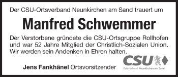 Traueranzeige von Manfred Schwemmer von Pegnitz-Zeitung