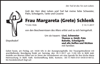 Traueranzeige von Margareta Schlenk von Pegnitz-Zeitung