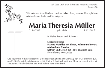 Traueranzeige von Maria Theresia Müller von Pegnitz-Zeitung