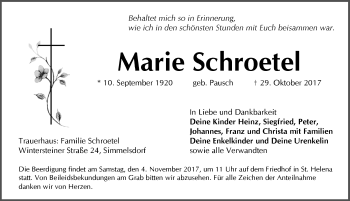 Traueranzeige von Marie Schroetel von Pegnitz-Zeitung