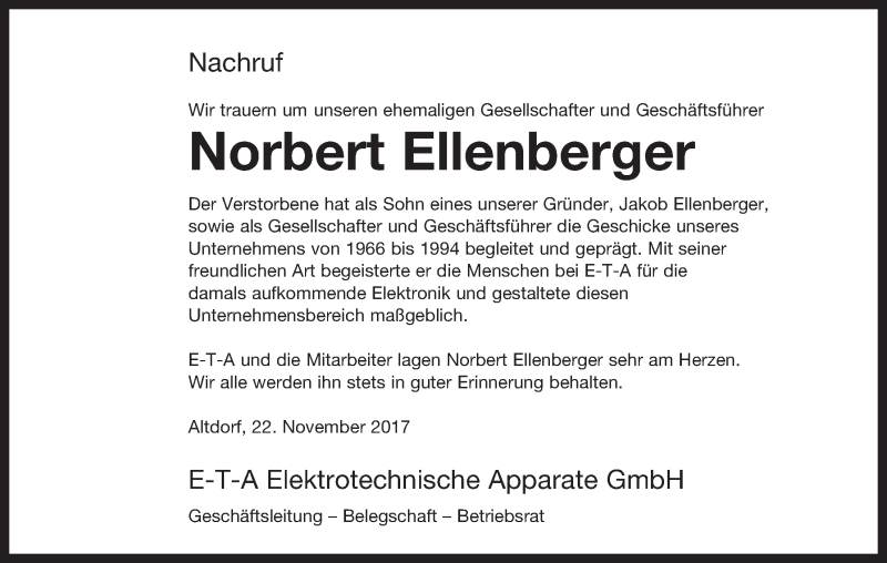  Traueranzeige für Norbert Ellenberger vom 22.11.2017 aus Der Bote
