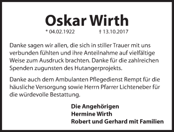 Traueranzeige von Oskar Wirth von Hersbrucker Zeitung