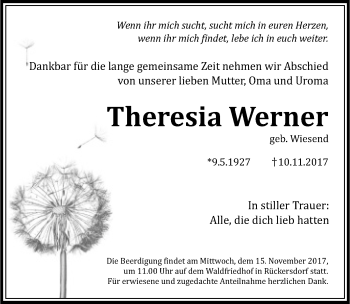 Traueranzeige von Theresia Werner von Pegnitz-Zeitung