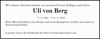 Traueranzeige von Uli von Berg von Pegnitz-Zeitung