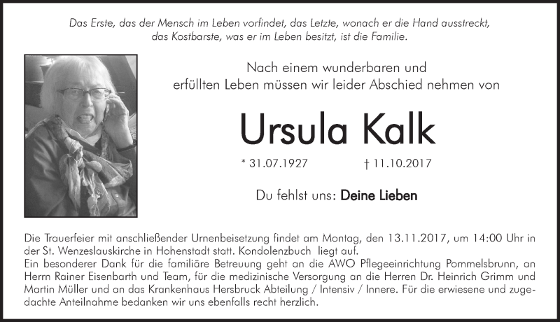  Traueranzeige für Ursula Kalk vom 11.11.2017 aus Hersbrucker Zeitung