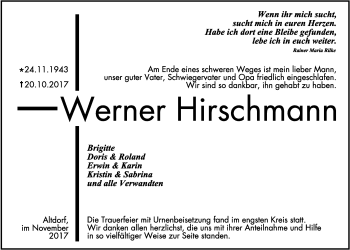 Traueranzeige von Werner Hirschmann von Der Bote