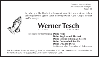 Traueranzeige von Werner Tesch von Pegnitz-Zeitung