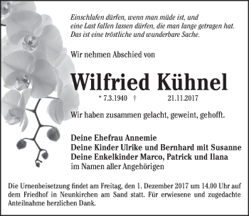 Traueranzeige von Wilfried Kühnel von Pegnitz-Zeitung