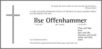 Traueranzeige von llse Offenhammer von Pegnitz-Zeitung