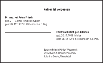 Traueranzeige von Adam und Edeltraud Fritsch von Pegnitz-Zeitung