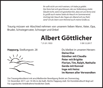 Traueranzeige von Albert Göttlicher von Hersbrucker Zeitung