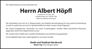 Traueranzeige von Albert Höpfl von Hersbrucker Zeitung