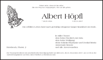 Traueranzeige von Albert Höpfl von Hersbrucker Zeitung