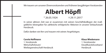 Traueranzeige von Albert Höpfl von Hersbrucker Zeitung
