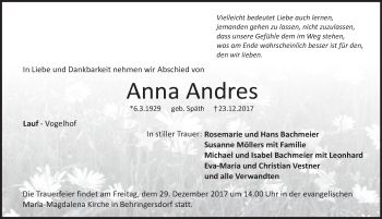 Traueranzeige von Anna Andres von Pegnitz-Zeitung