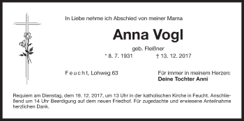 Traueranzeige von Anna Vogl von Der Bote