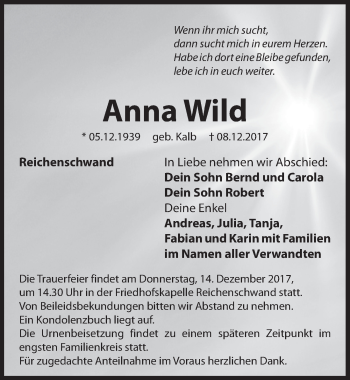Traueranzeige von Anna Wild von Hersbrucker Zeitung