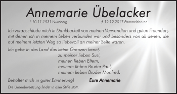 Traueranzeige von Annemarie Übelacker von Hersbrucker Zeitung